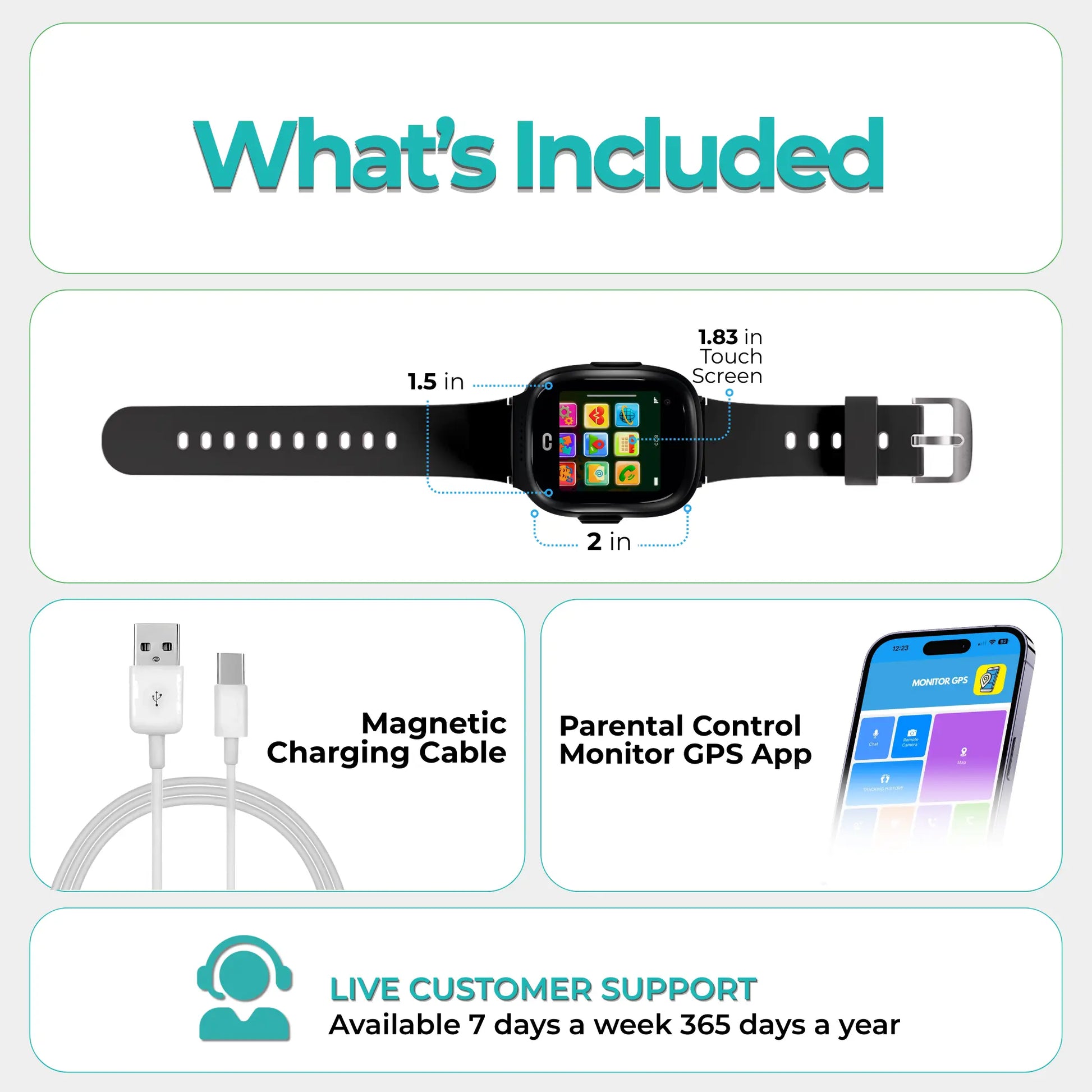 Child safety smartwatch kit includes device, charging cable, and parental control app for real time monitoring