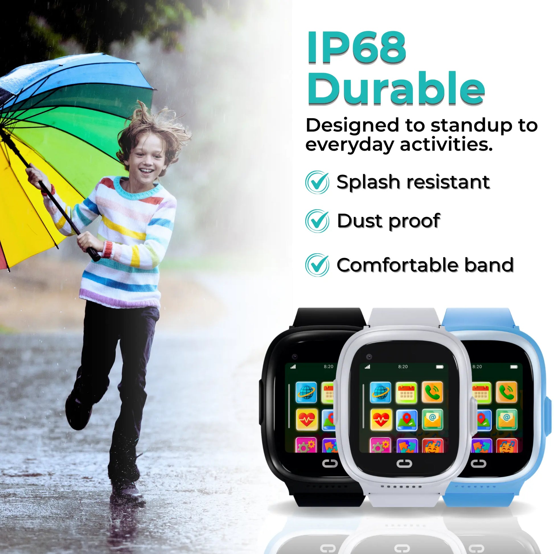 Boys and girls smartwatch IP68 waterproof durable design, and good for children's activities.