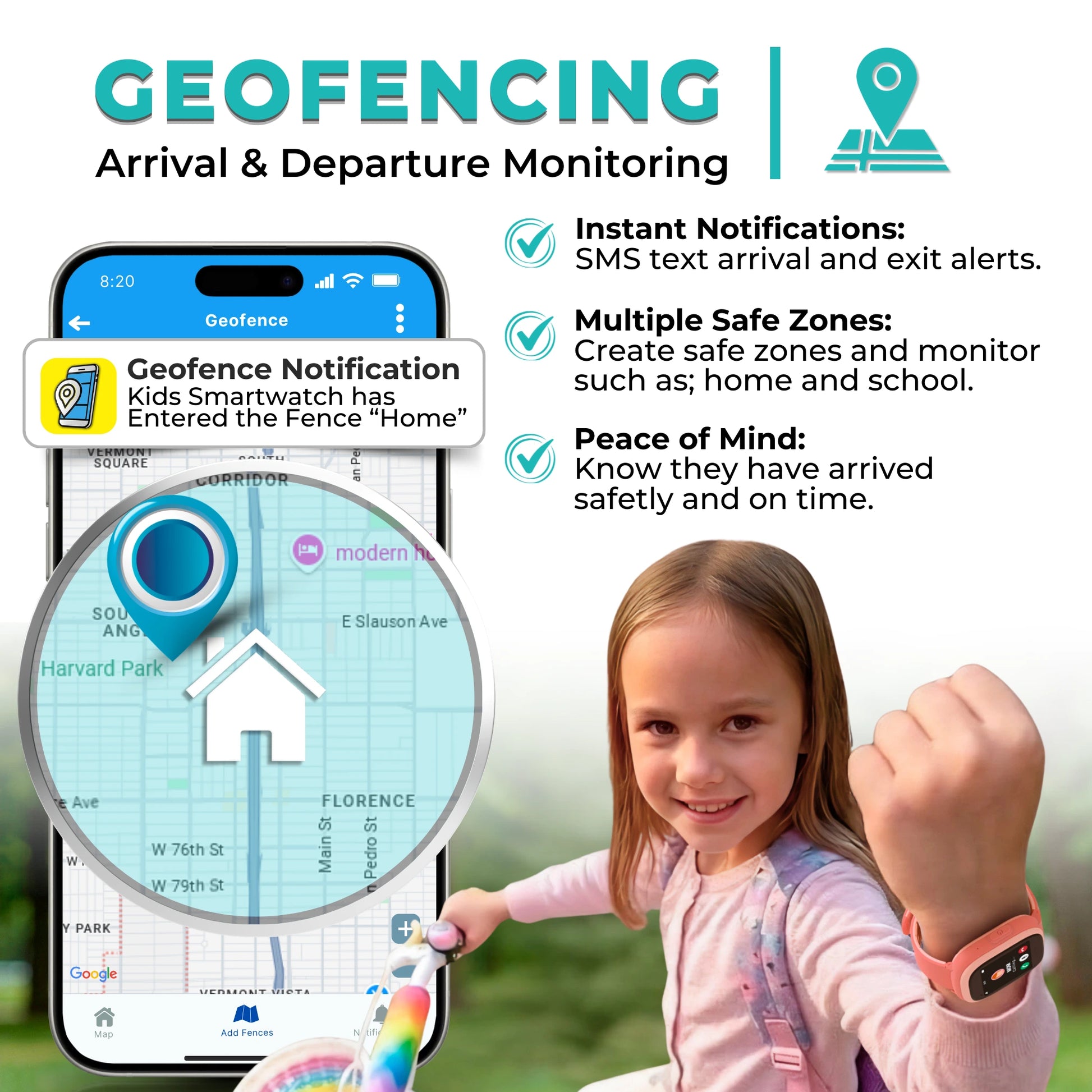 Kids smartwatch with geofencing GPS tracker sending arrival and departure alerts to parents for real-time child safety monitoring