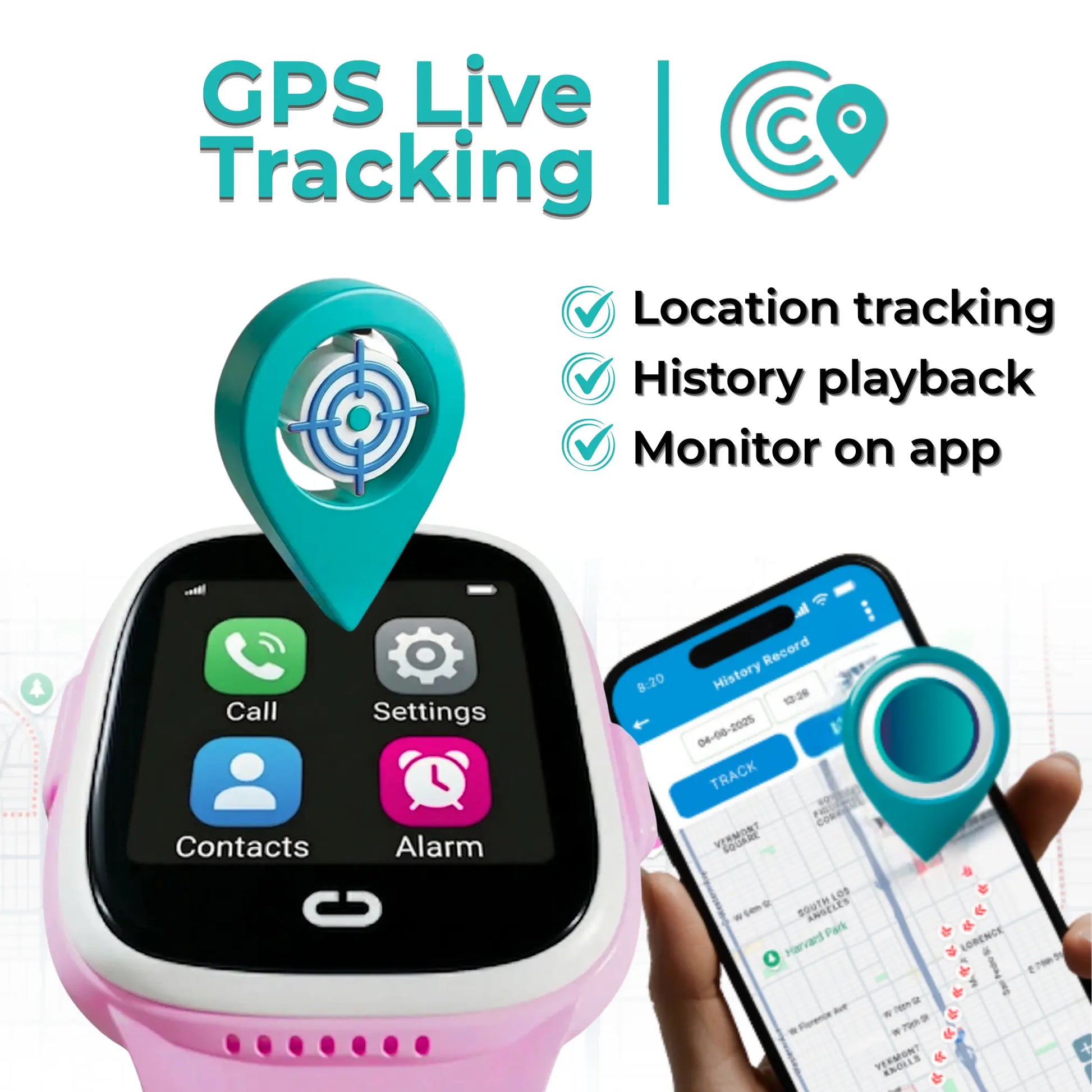 Kids smartwatch with GPS live tracking showing real time location on the mobile
app and sends SOS SMS text GPS live tracking location.