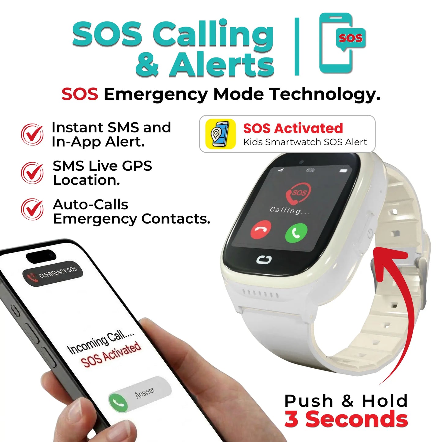 Kids smartwatch SOS button emergency calling, SMS alert live GPS location sent instantly to emergency contacts.