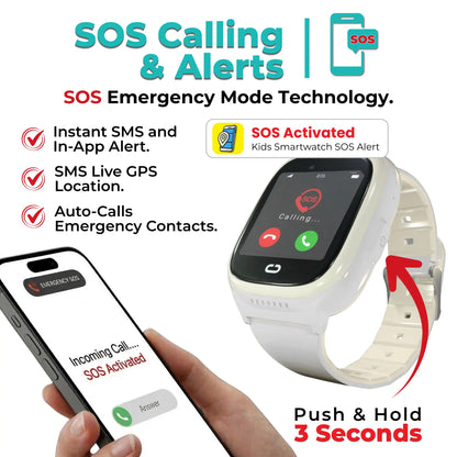 Kids smartwatch SOS button emergency calling, SMS alert live GPS location sent instantly to emergency contacts.