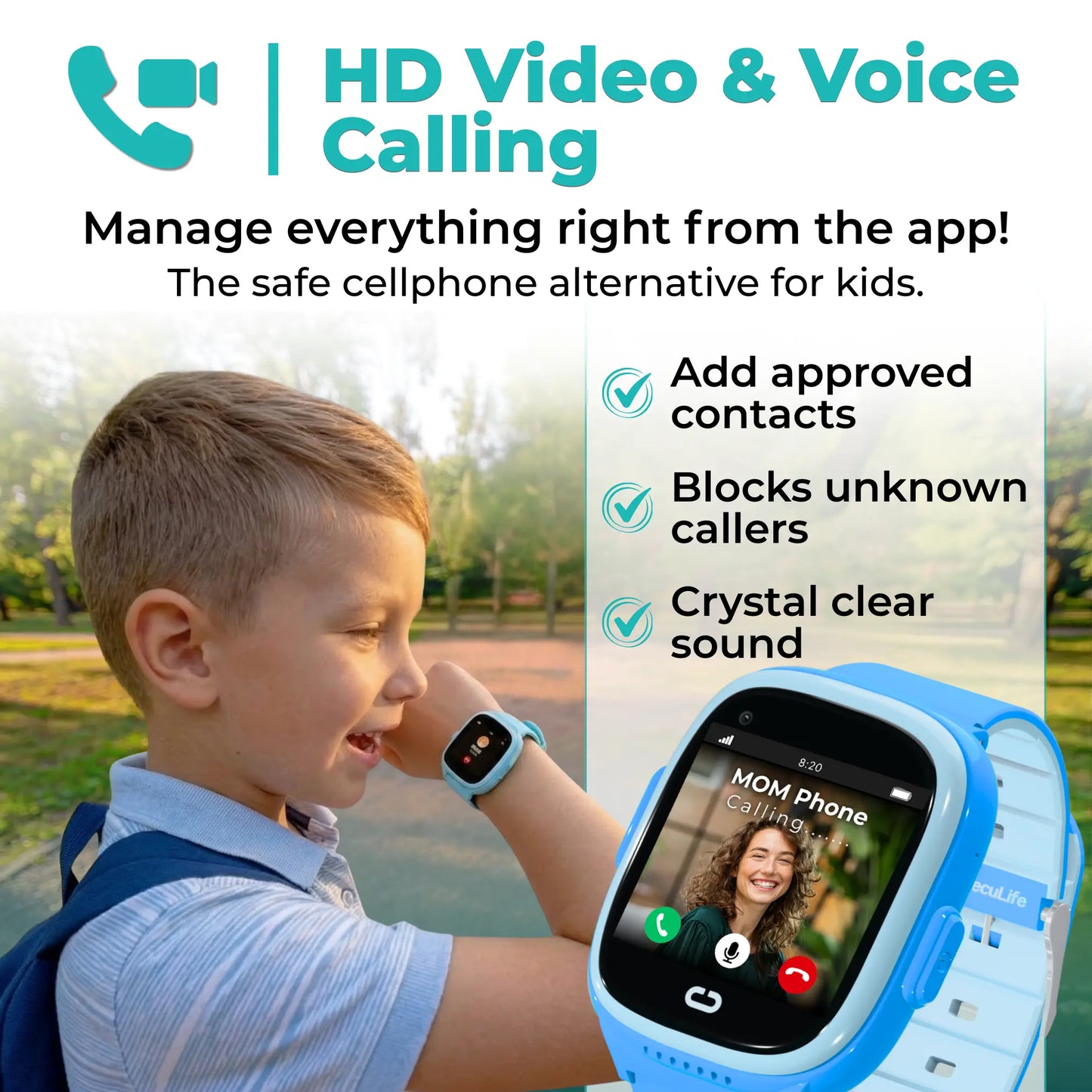 Kids smartwatch voice and video calling and parental controls allowing safe communication with approved contacts only.