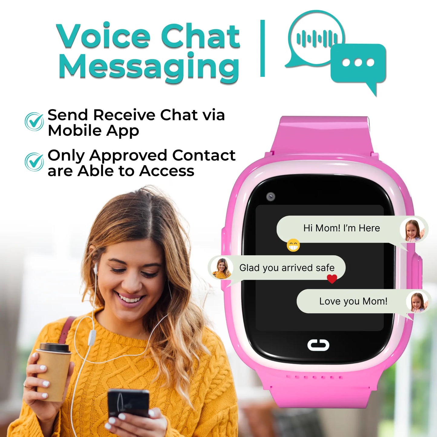 Kids smartwatch with voice chat messaging and parental control app allowing safe communication between parents and children.