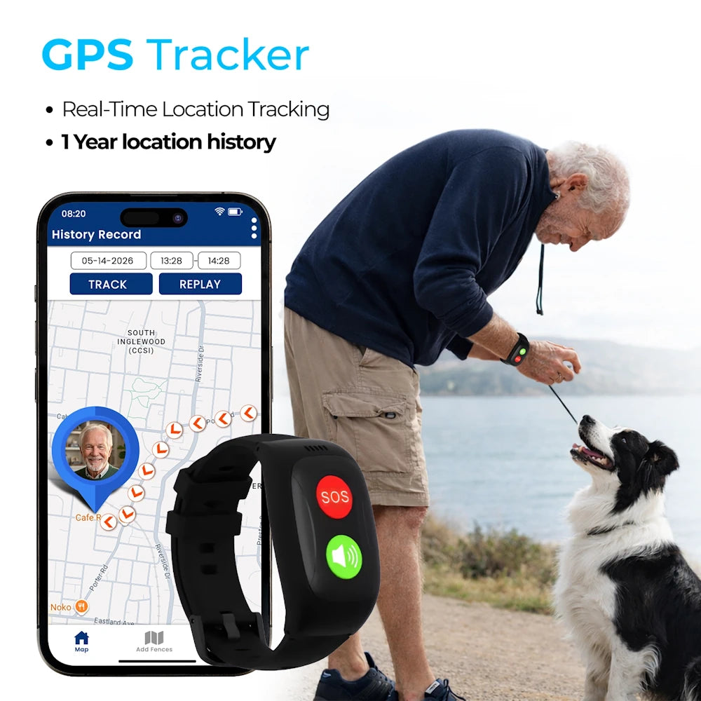 Elderly men’s, women’s, GPS tracker medical alert wristband with fall detection, SOS
emergency button, and real-time location tracking for monitoring.