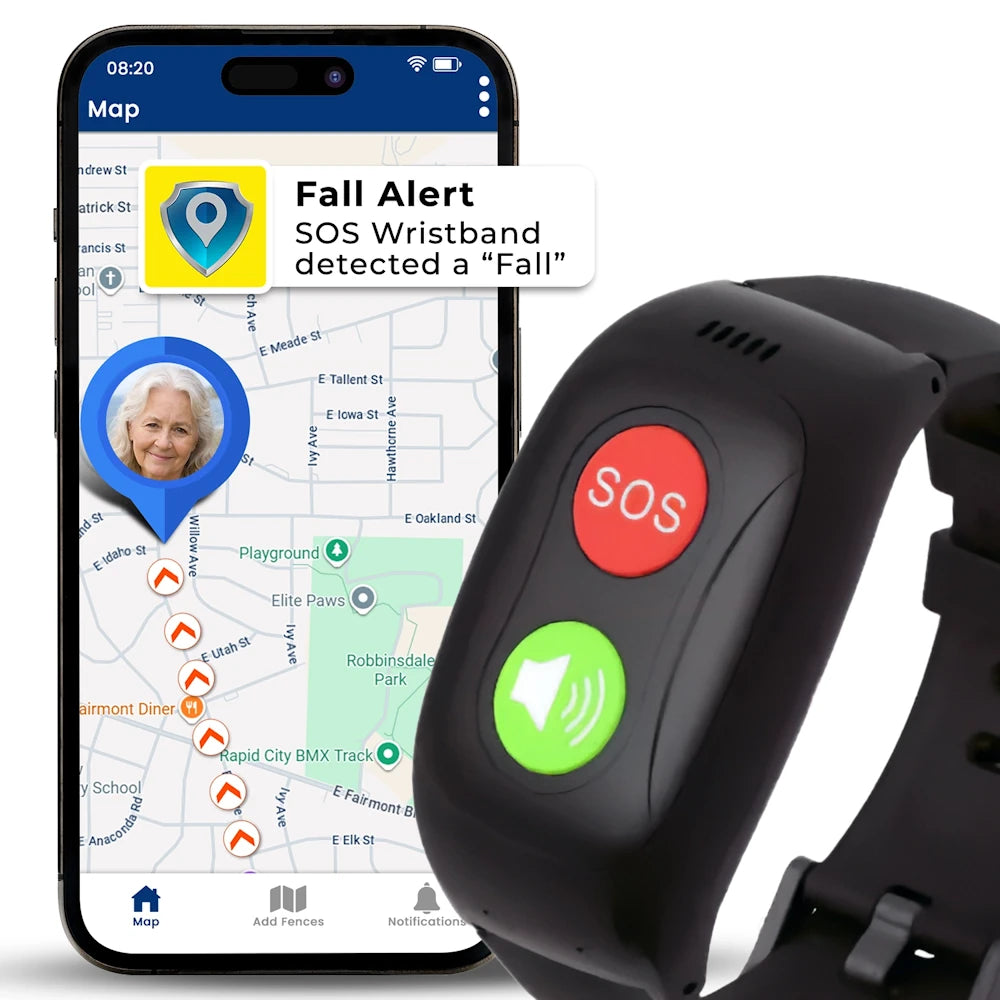 Emergency fall detection medical alert wristband bracelet with text emergency
alerts and instant gps location, auto calls emergency contacts for elderly safety
monitoring.