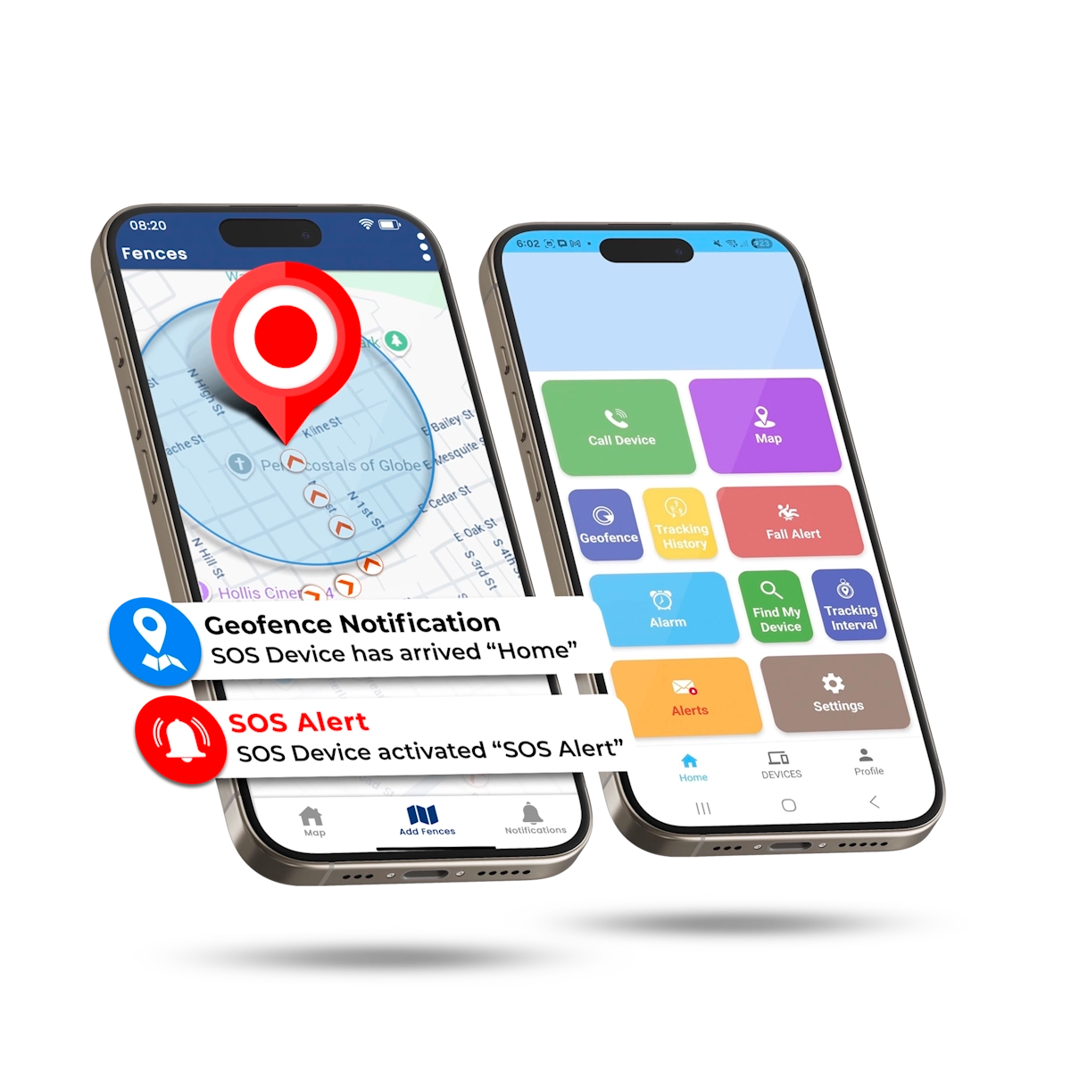 Safety mobile app displaying live GPS tracking map with geofence notifications, SOS alert activation, fall detection alerts, and real time location updates for family safety monitoring.