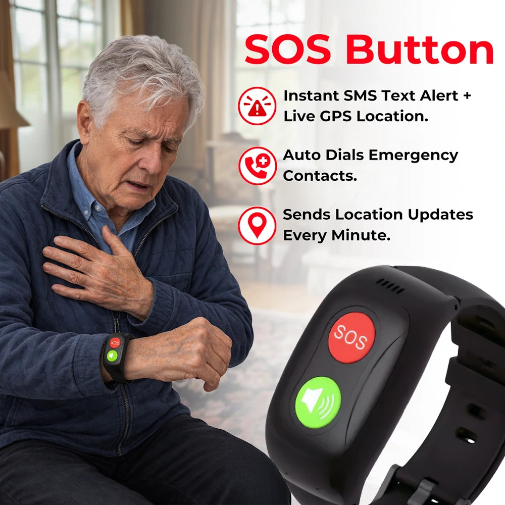 SOS emergency button medical life alert wristband for elderly men and women that
sends SOS SMS alerts with GPS location and calls emergency contacts, plus mobile
app.
