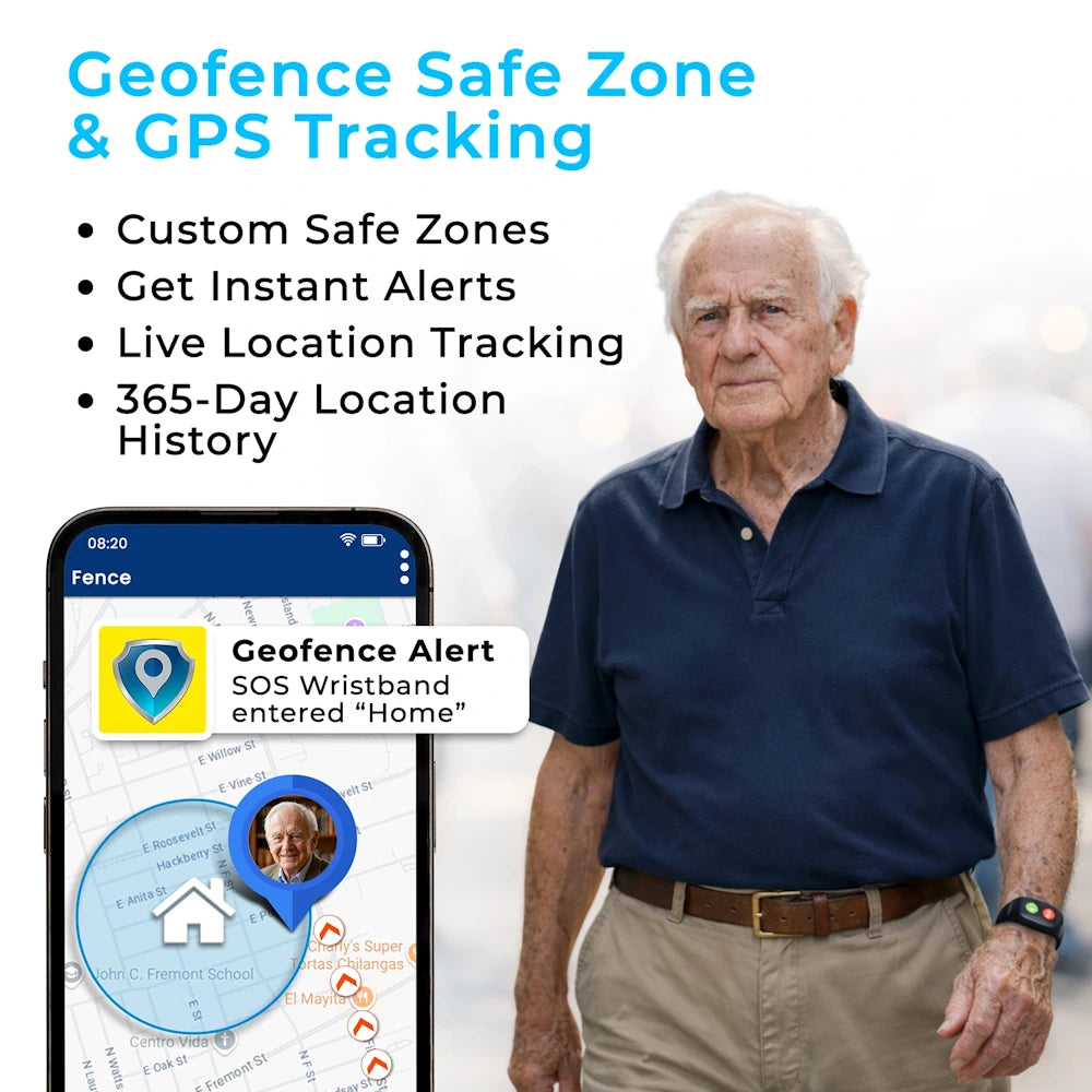GPS medical alert wristband for seniors with geofence safe zones, fall detection
alerts, live location tracking, and caregiver monitoring mobile app.