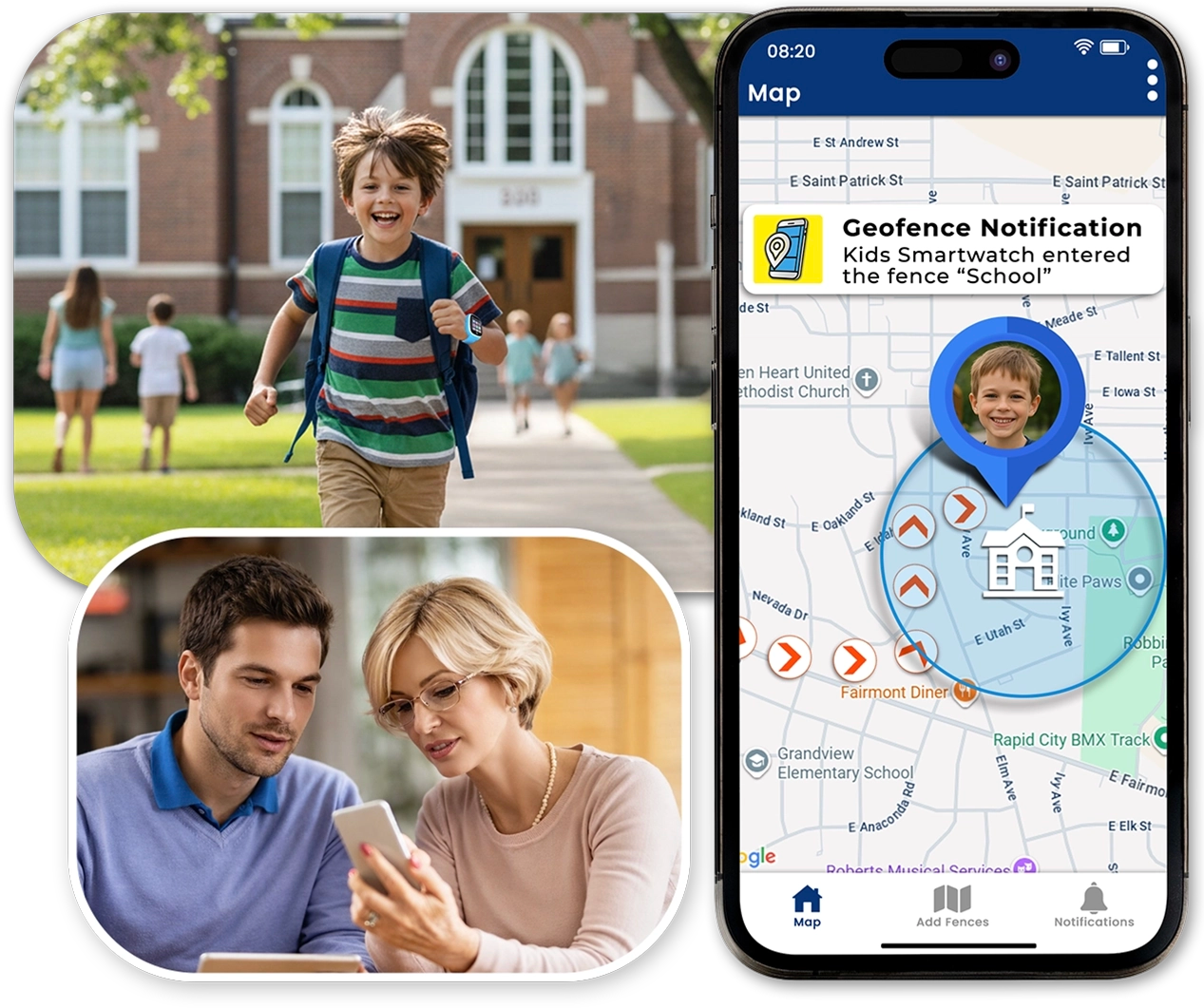 Affordable kids GPS smartwatch with geofence notifications, live location tracking
map, school arrival and exit alerts, and parental monitoring mobile app