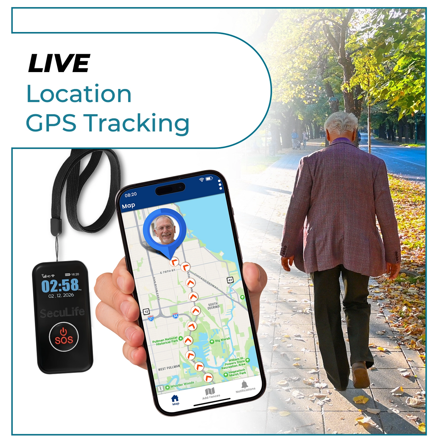 Affordable no contract SecuLife senior fall detection GPS medical alert pendant that
is easy to use for elderly safety with caregiver app and money back guarantee
