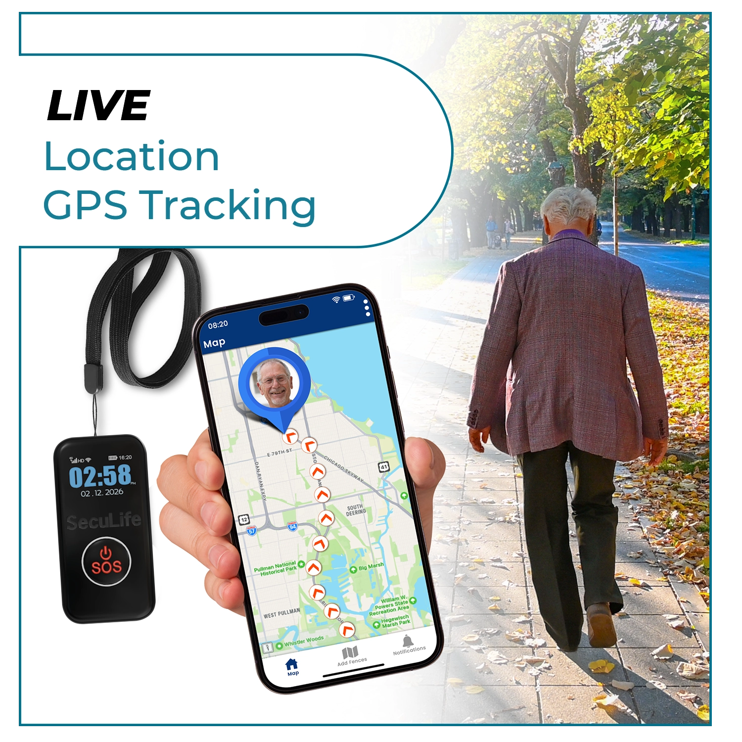 Affordable no contract SecuLife senior fall detection GPS medical alert pendant that
is easy to use for elderly safety with caregiver app and money back guarantee