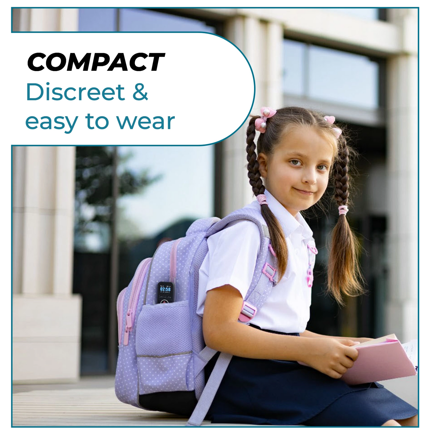 Compact wearable kids GPS tracker discreetly placed in backpack for real-time child
safety monitoring