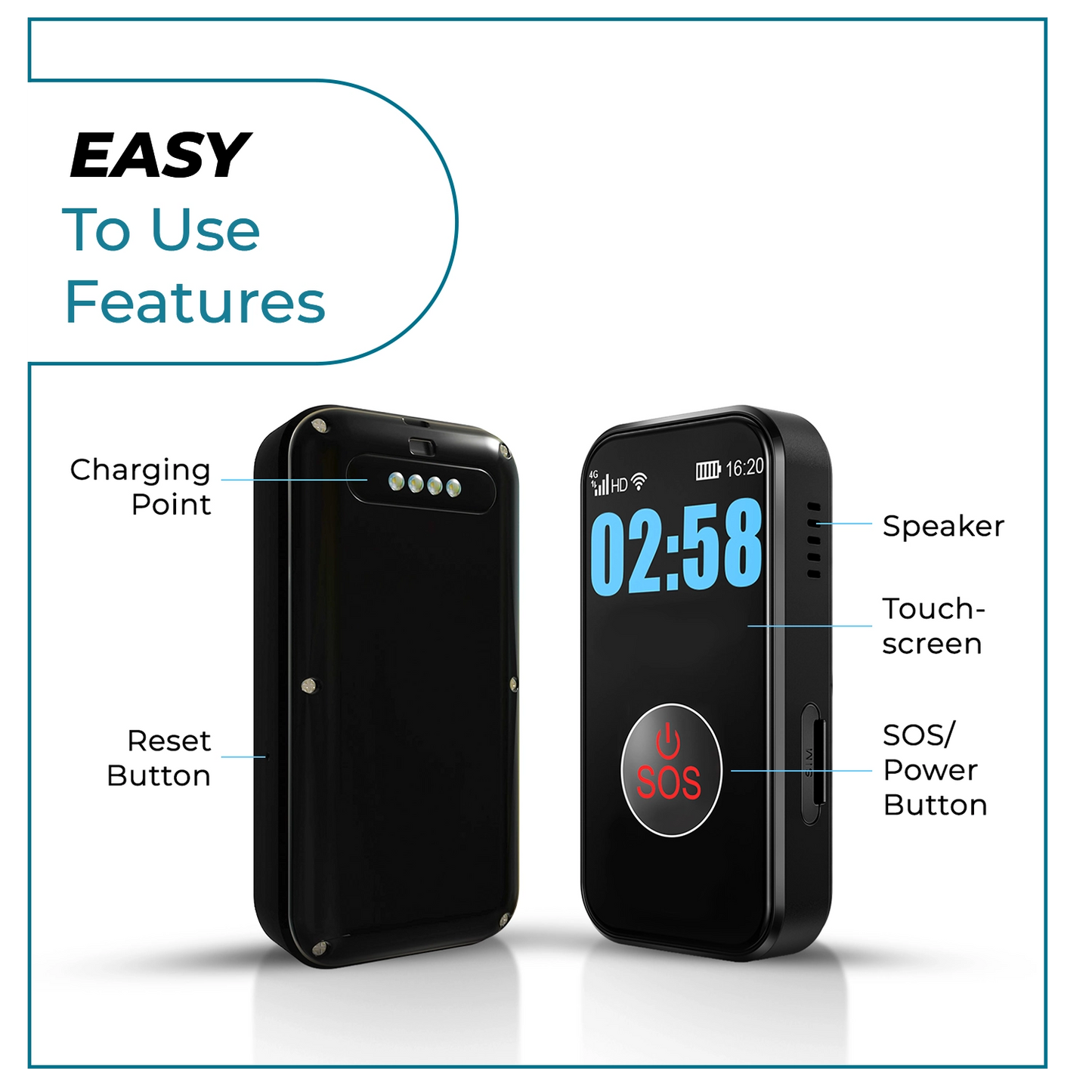 Easy to use SecuLife senior medical alert pendant with touchscreen, SOS power
button, speaker, reset button, and charging point, no contract required