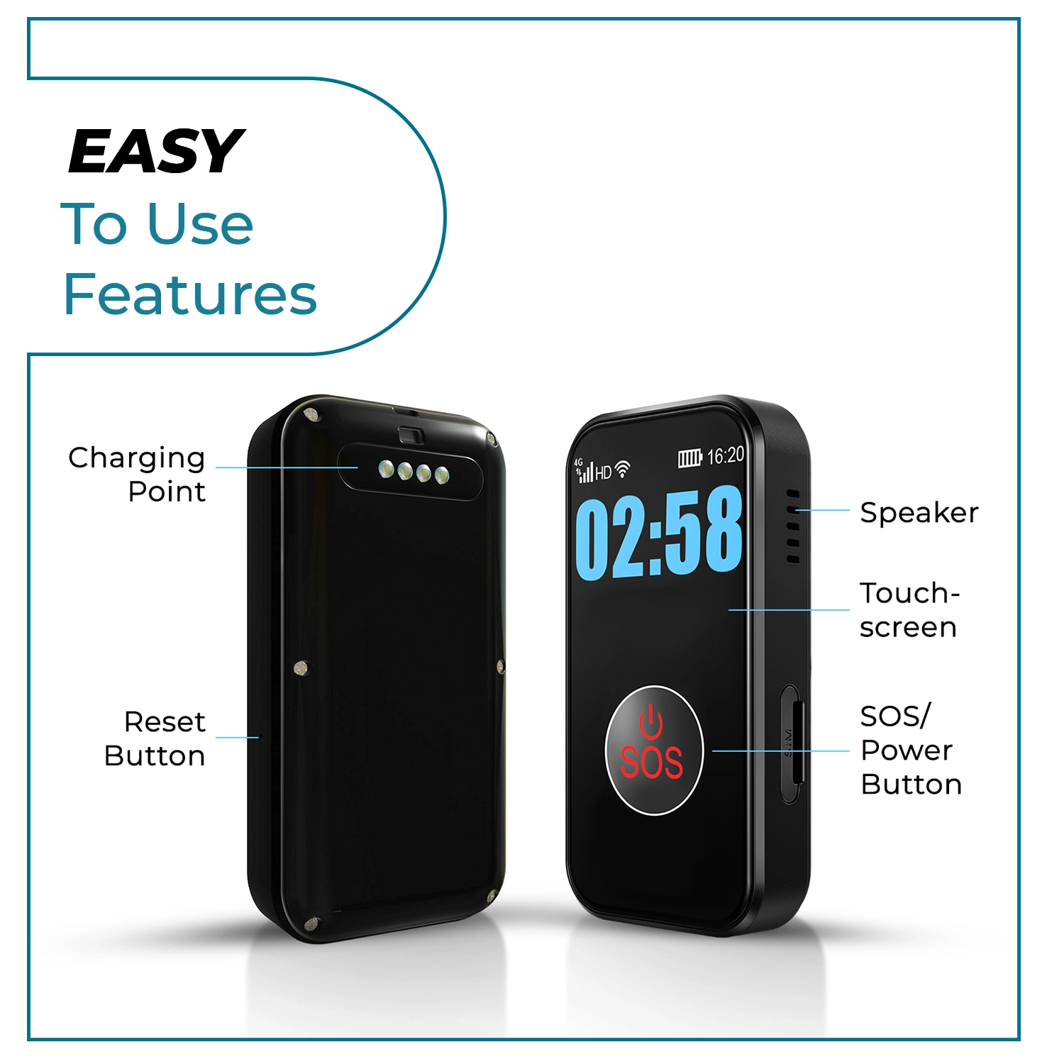 Easy to use SecuLife senior medical alert pendant with touchscreen, SOS power
button, speaker, reset button, and charging point, no contract required