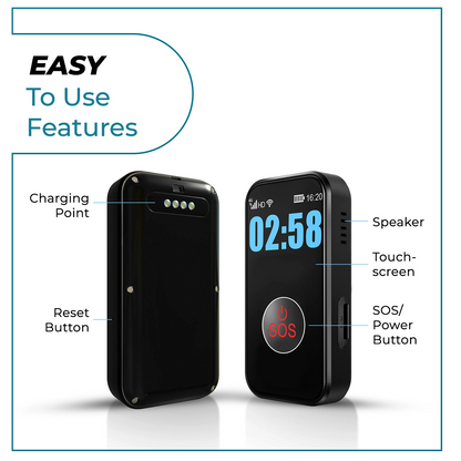 Easy to use SecuLife senior medical alert pendant with touchscreen, SOS power
button, speaker, reset button, and charging point, no contract required