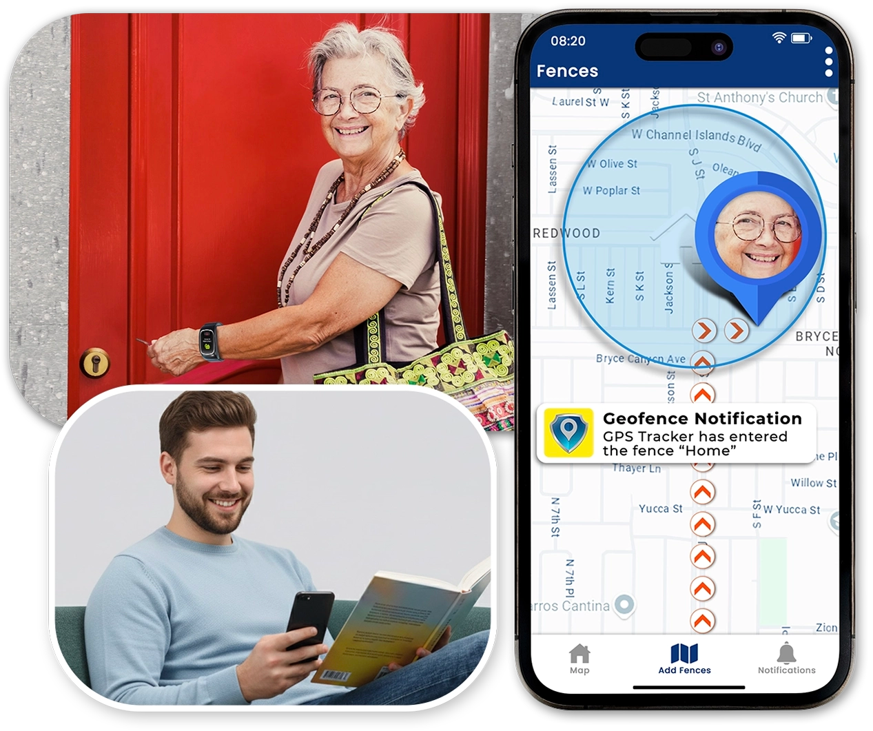 Senior woman at home entrance receives geofence notification on caregiver's phone from SecuLife GPS tracker when entering 'Home' safe zone, displayed on interactive map in SecuPro app
