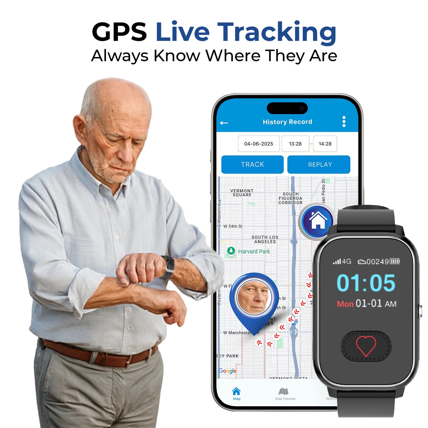GPS smartwatch for elderly men and women with real time location tracking, safe
zone geofencing alerts, and family caregiver monitoring app