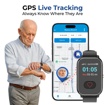 GPS smartwatch for elderly men and women with real time location tracking, safe
zone geofencing alerts, and family caregiver monitoring app