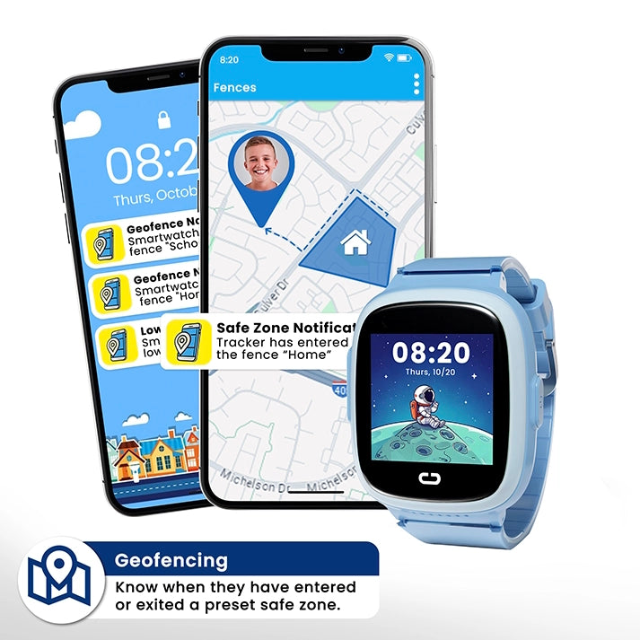 Kids GPS smartwatch with geofencing feature showing safe zone entry alert and
real-time location tracking in the parent mobile app