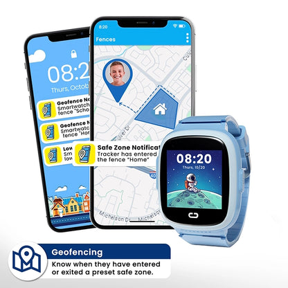 Kids GPS smartwatch with geofencing feature showing safe zone entry alert and
real-time location tracking in the parent mobile app