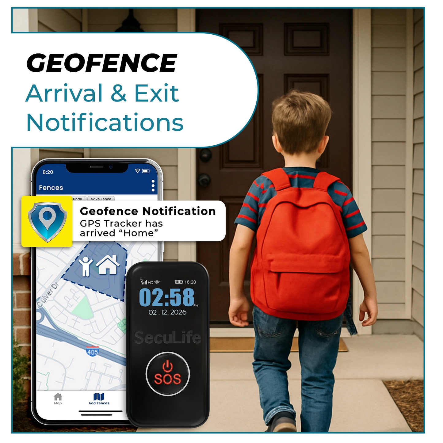 Kids GPS tracker with geofence arrival and exit notifications providing real-time child
location monitoring