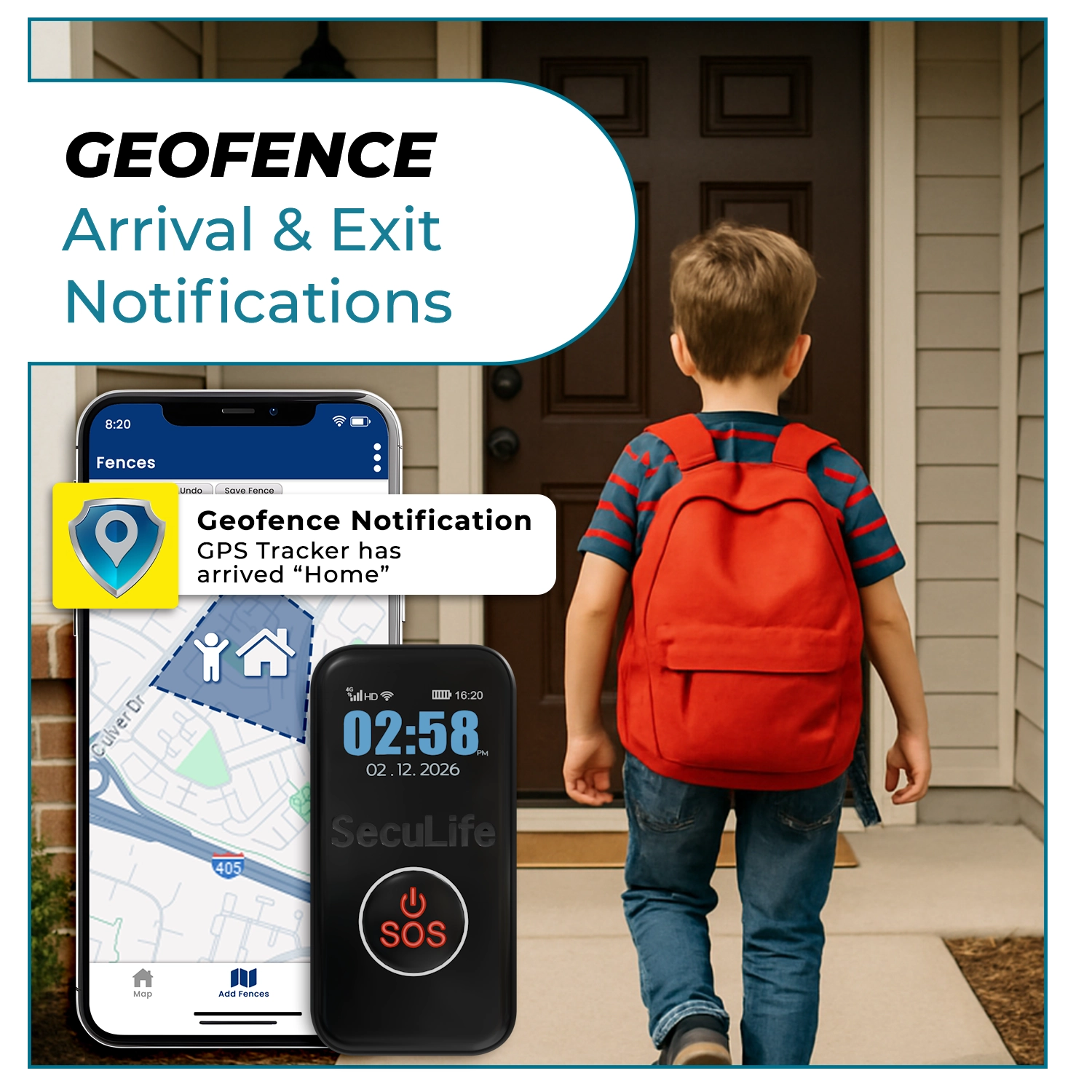Kids GPS tracker with geofence arrival and exit notifications providing real-time child
location monitoring