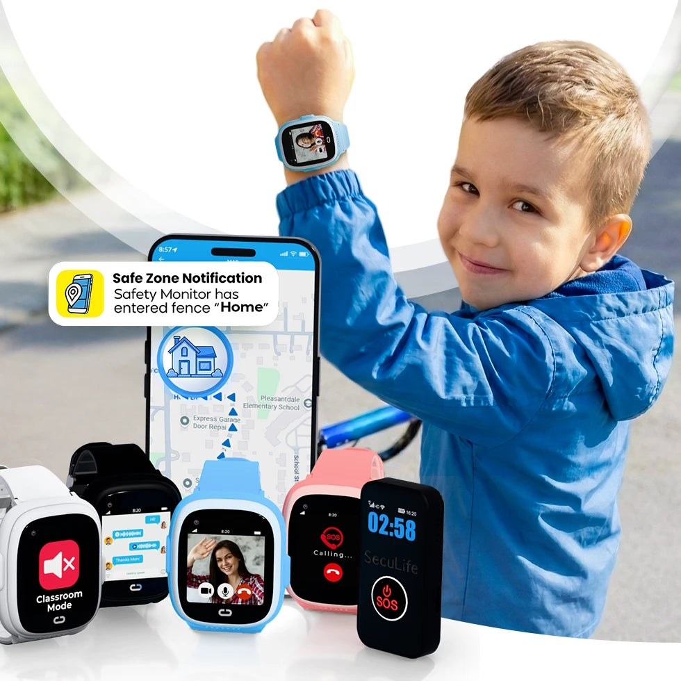 Kids safety GPS devices connected to a parental control mobile app that allows parents to track location, set safe zones, receive alerts, and manage communication.
