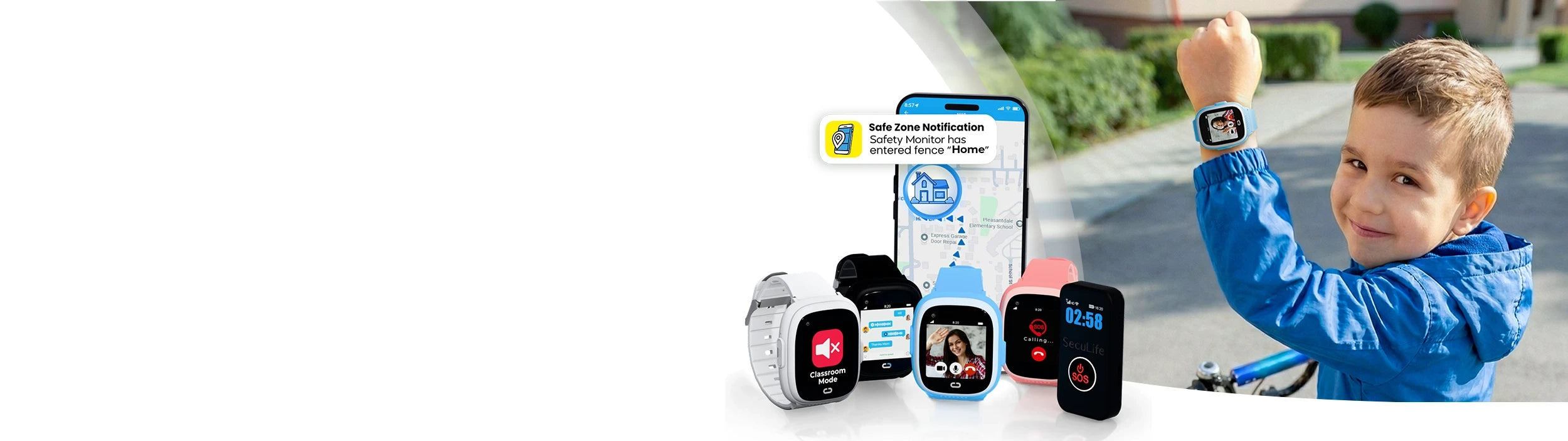 Kids safety GPS devices connected to a parental control mobile app that allows parents to track location, set safe zones, receive alerts, and manage communication.