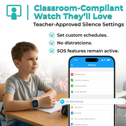 Kids smartwatch with classroom mode and silent settings approved for school use with no distractions and active safety features