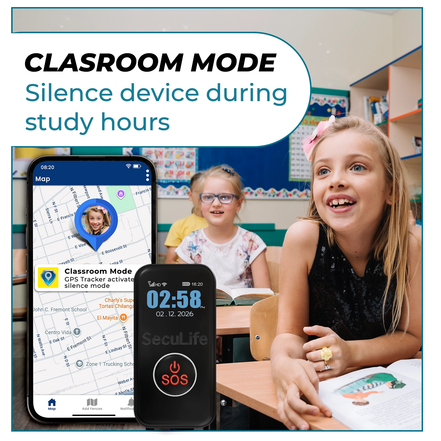 Low cost kids safety equipment featuring GPS tracking and Classroom Mode for
quiet monitoring during school hours