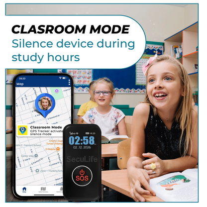 Low cost kids safety equipment featuring GPS tracking and Classroom Mode for
quiet monitoring during school hours