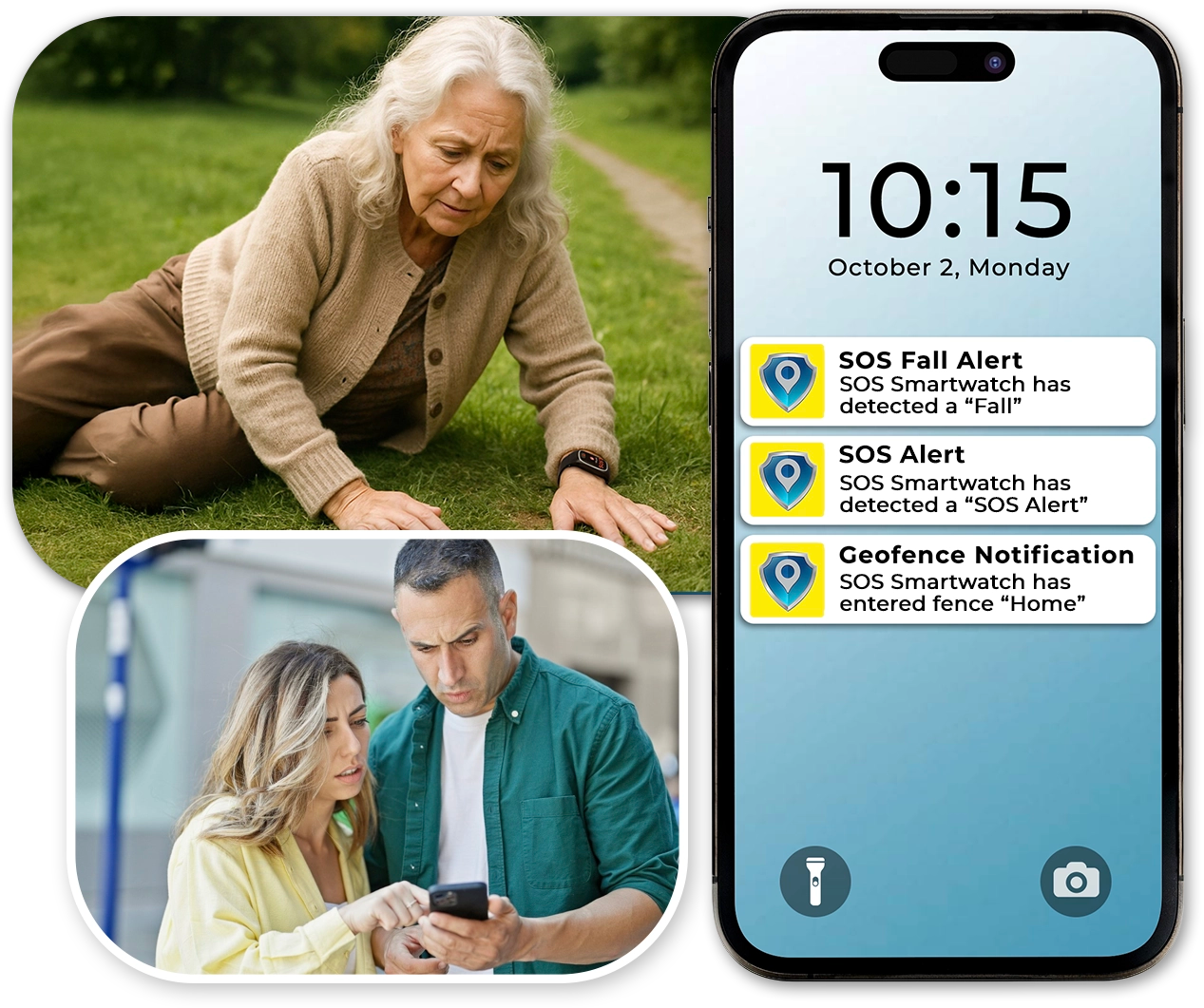 Elderly woman who fell in the park receives instant SOS fall alert on caregiver's Phone from SecuLife senior smartwatch with automatic fall detection and emergency notifications