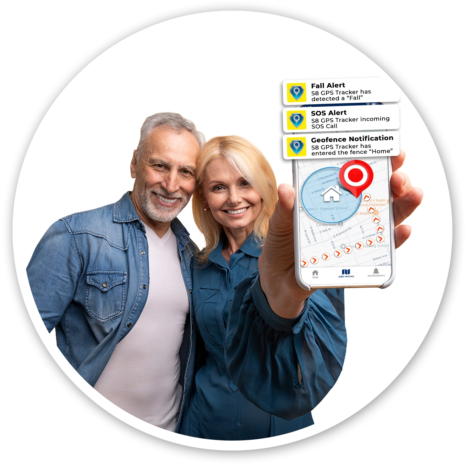 Family safety monitoring mobile app for SecuLife senior medical alert system with real-time GPS tracking, fall detection, emergency SOS alerts, and easy-to-use interface for caregivers