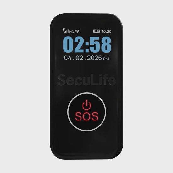 Elderly wearing SecuLife fall detection GPS tracker medical alert device with SOS
emergency alert and real-time caregiver notifications