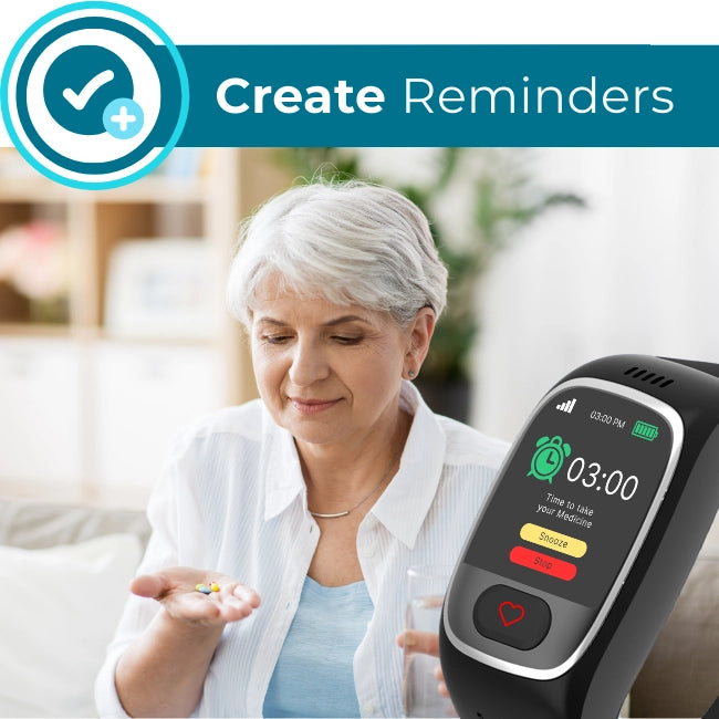 Senior using smartwatch with reminder feature for medication alerts, showing time
to take medication and options to snooze or stop the reminder.