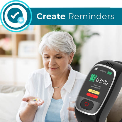 Senior using smartwatch with reminder feature for medication alerts, showing time
to take medication and options to snooze or stop the reminder.