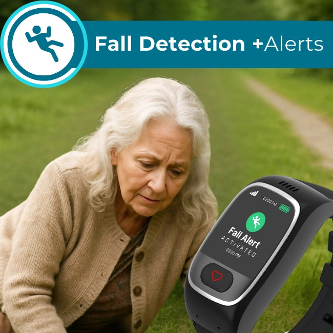 Senior smartwatch with fall detection and alerts activated, designed for elderly
safety with real-time emergency notifications.
