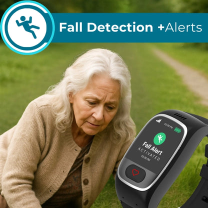 Senior smartwatch with fall detection and alerts activated, designed for elderly
safety with real-time emergency notifications.
