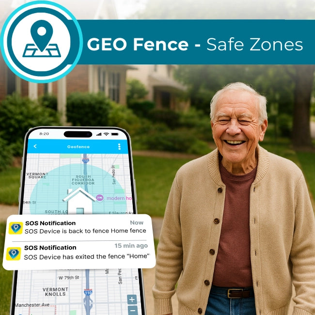 Senior using GPS smartwatch with geofence feature, receiving SOS notifications
when entering or exiting safe zones, monitored through caregiver app.