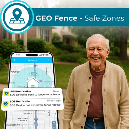 Senior using GPS smartwatch with geofence feature, receiving SOS notifications
when entering or exiting safe zones, monitored through caregiver app.