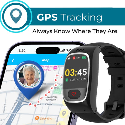 Senior using GPS smartwatch with real-time location tracking, ensuring caregivers
always know where they are through the mobile app.
