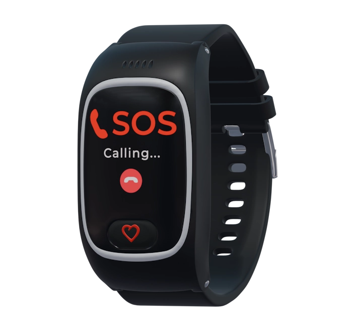 Senior smartwatch with SOS button, real-time GPS tracking, fall detection, and
calling feature, designed for elderly safety with caregiver monitoring app.