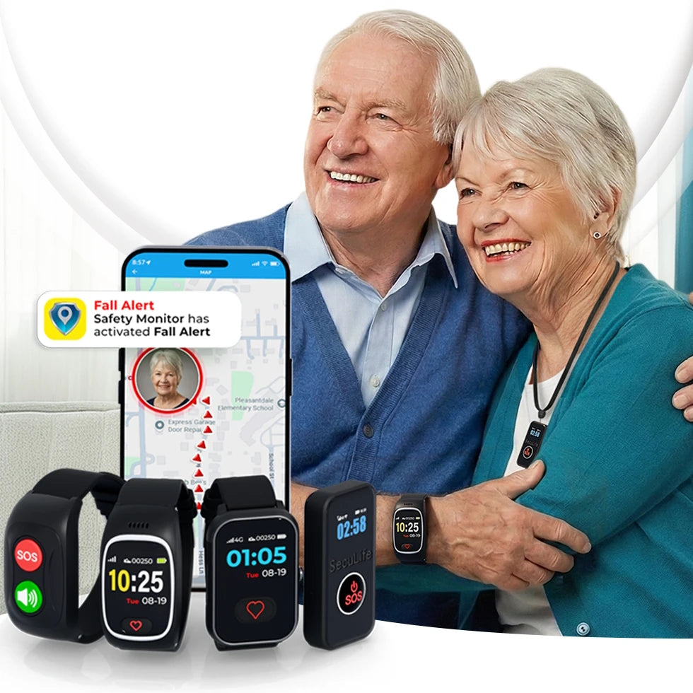 SecuLife senior safety wearable collection with fall detection alerts, SOS emergency button, live GPS tracking, geofence monitoring, and caregiver mobile app for aging adults living alone.
