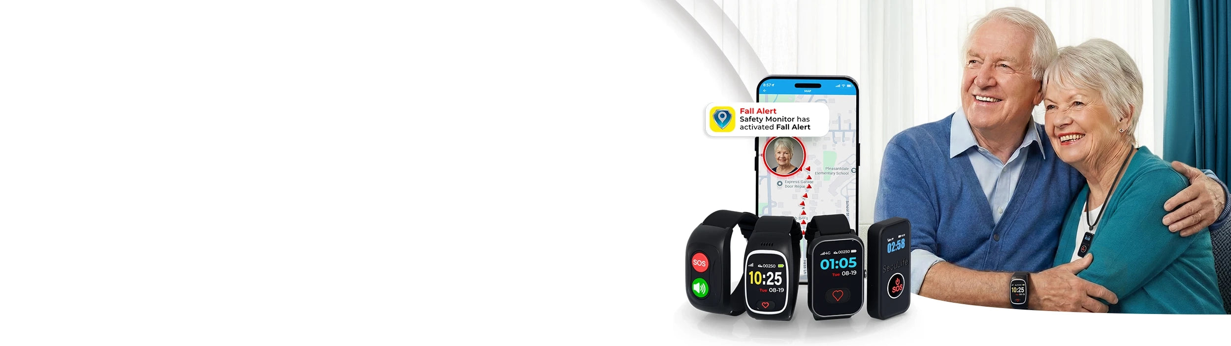SecuLife senior safety wearable collection with fall detection alerts, SOS emergency button, live GPS tracking, geofence monitoring, and caregiver mobile app for aging adults living alone.