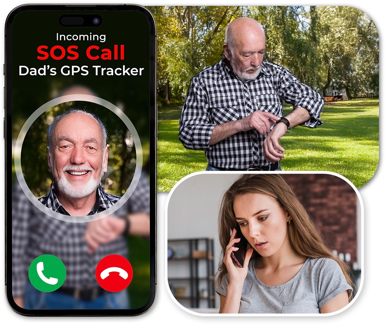 Senior man wearing SecuLife GPS smartwatch during SOS emergency call to family caregiver, showing incoming SOS call screen on Phone with clear two-way voice communication