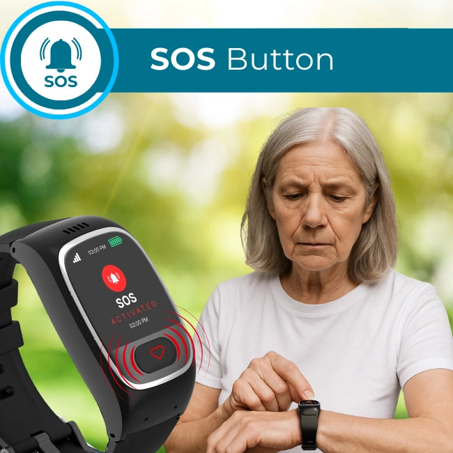 Senior using smartwatch with activated SOS button, sending emergency alerts for
immediate assistance, designed for elderly safety.

