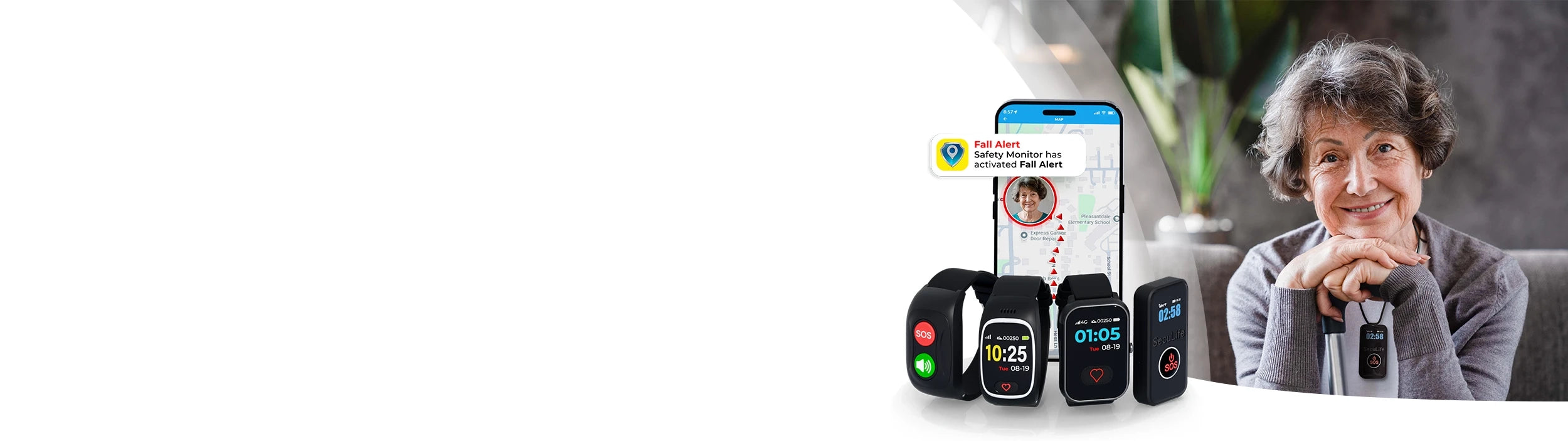 Senior medical alert equipment with GPS tracking, SOS alert button and fall detection technology, similar to a life alert monitor designed for elderly safety, family and  caregiver monitoring mobile app.