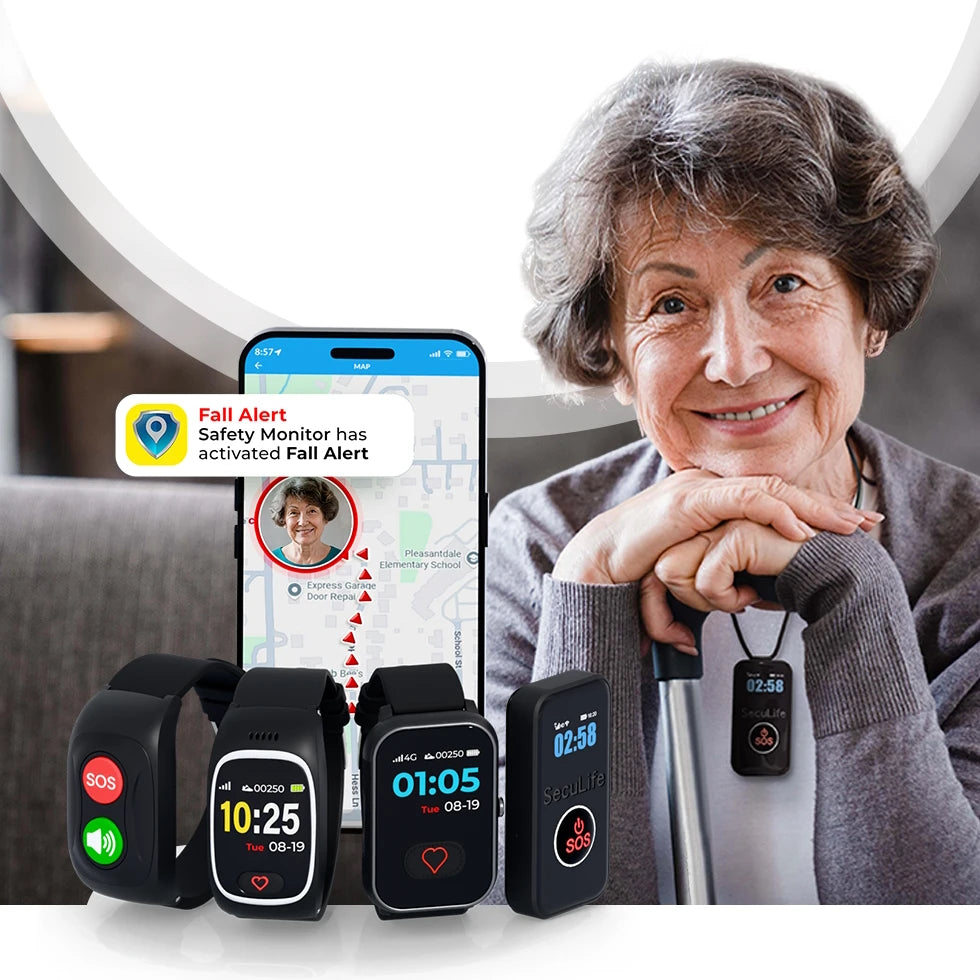 Senior medical alert equipment with GPS tracking, SOS alert button and fall detection technology, similar to a life alert monitor designed for elderly safety, family and  caregiver monitoring mobile