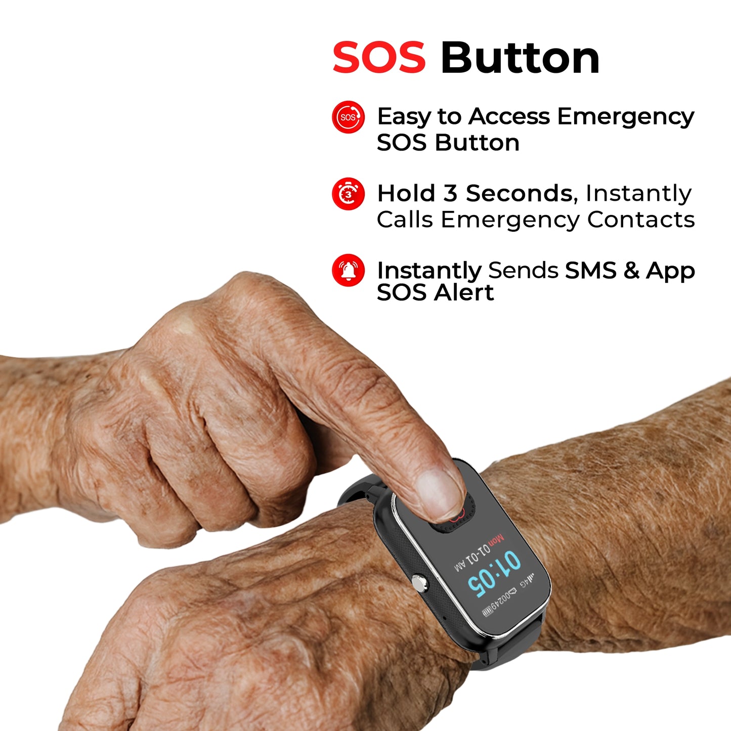 Senior safety smartwatch with easy access SOS emergency button that instantly calls
family contacts, sends alerts, and shares GPS location for elderly living alone